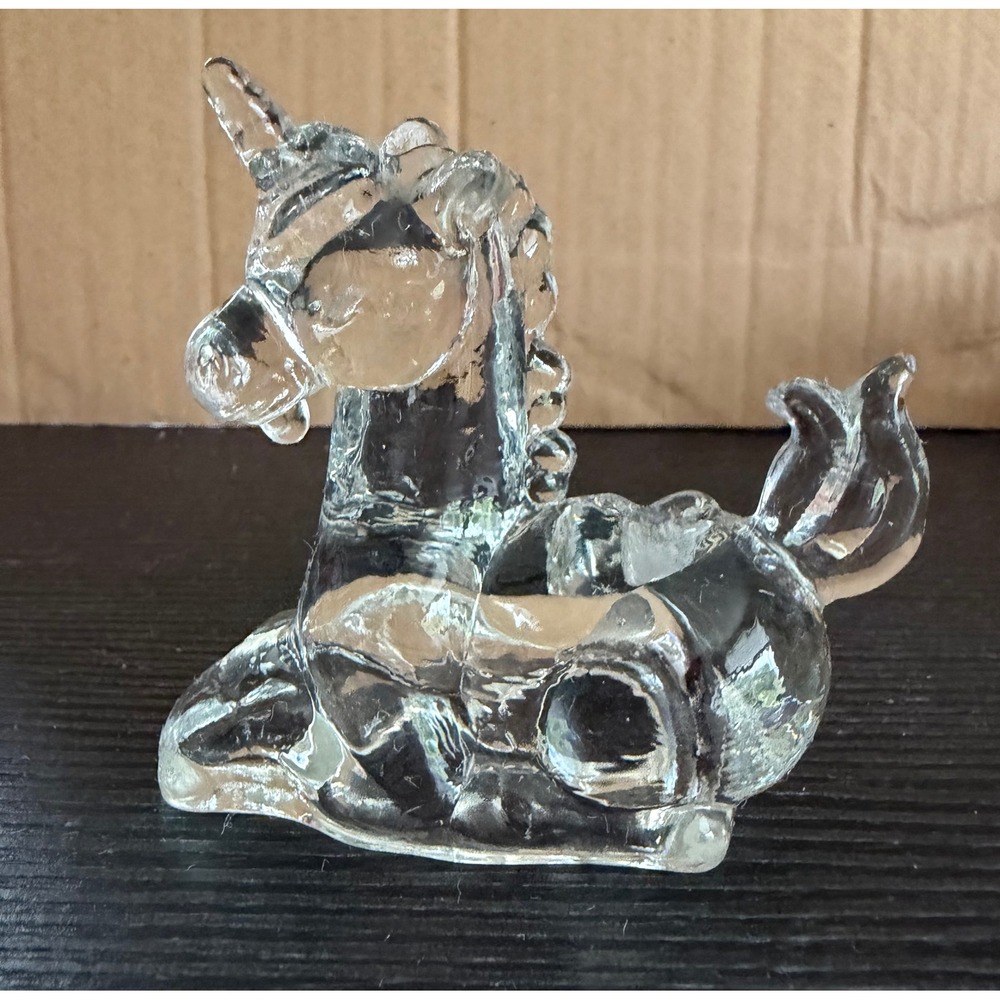 Vintage Clear Glass Reclining Unicorn Figurine Miniature Mythical Decor 3 Inch